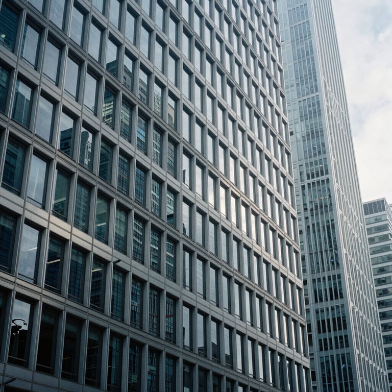 Abstract shot of modern architecture lines in a business district, emphasizing progress, efficiency, and the company's modern approach.