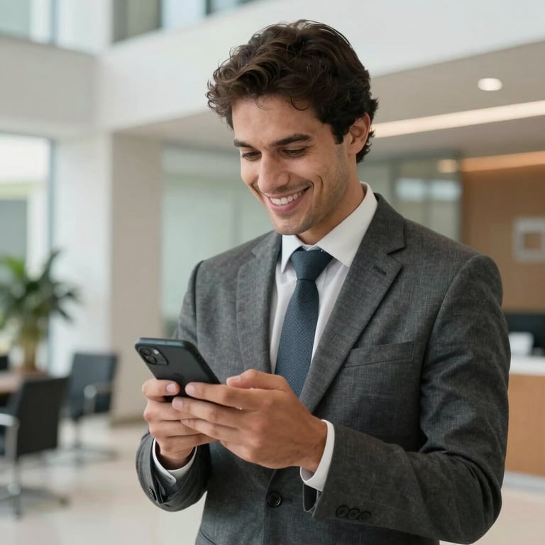 A well-dressed professional smiling confidently while looking at a smartphone in a bright, modern corporate lobby in Brazil.