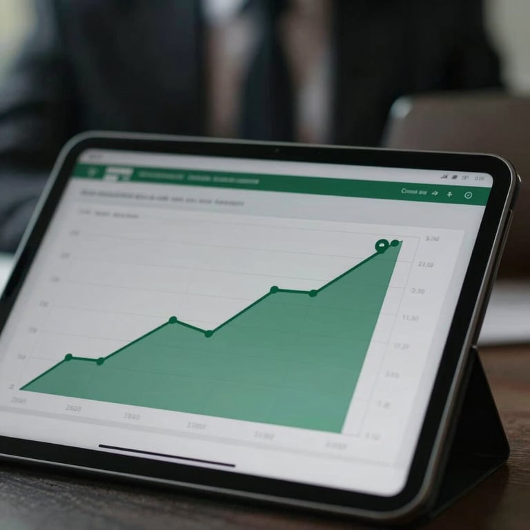 Close-up of a digital tablet showing a positive growth chart with a blurred professional background in tones of dark green and gray.