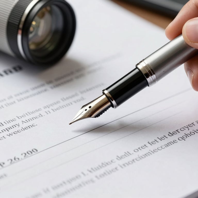 Detail of a fountain pen resting on a financial contract in a bright office, conveying meticulous attention to detail and legal safety.