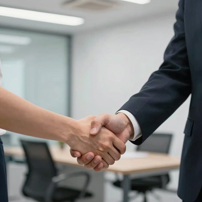A close-up of two professionals in a clean, modern office environment shaking hands over an industrial supply contract.