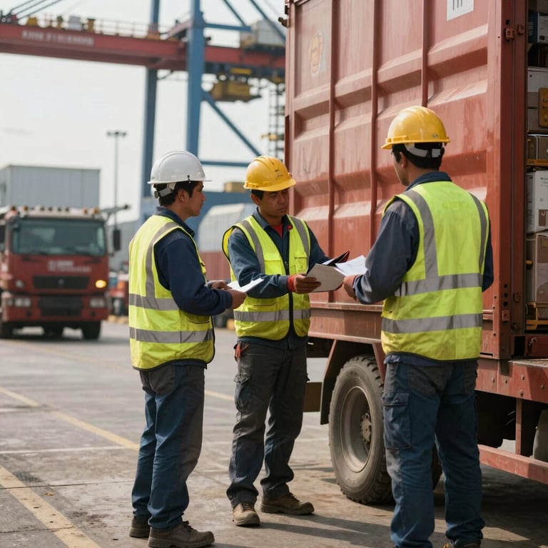 Industrial workers in high-visibility safety gear coordinating a shipment in a professional South American industrial port.