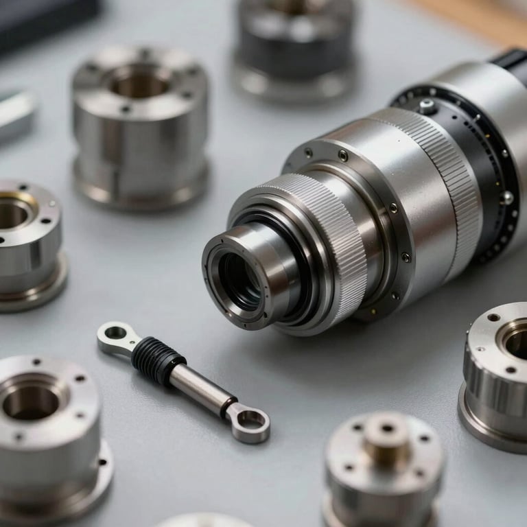 A detailed close-up of high-quality industrial technical components and specialized tools placed on a clean grey surface.