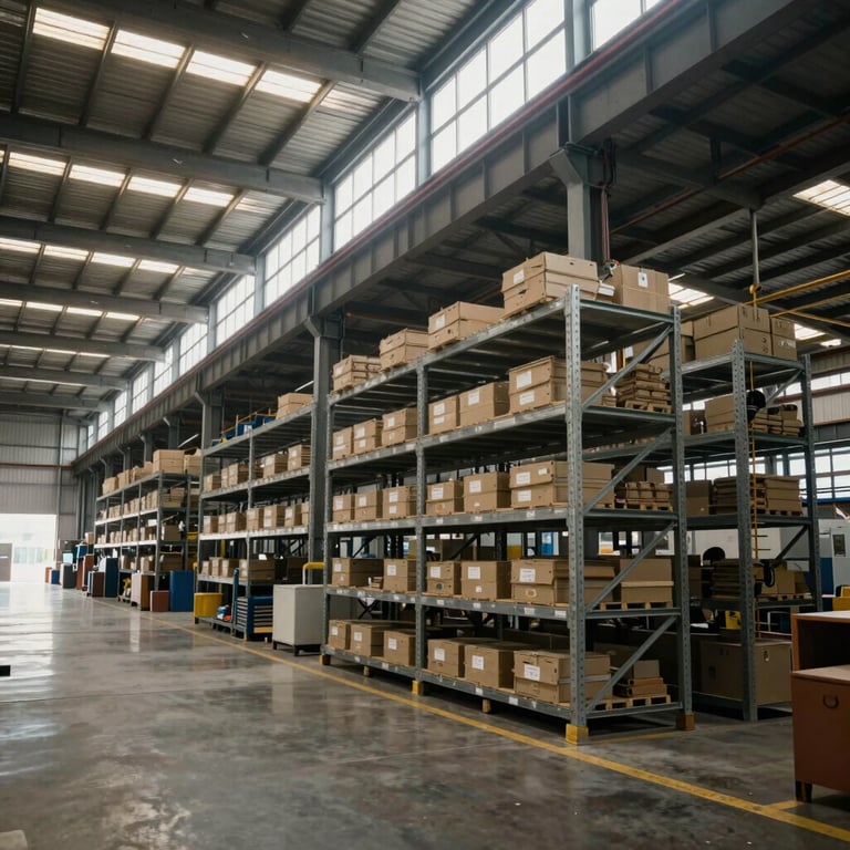 A wide shot of a vast industrial warehouse interior in South America with high-precision organization and steel shelving. Soft natural light from clerestory windows.