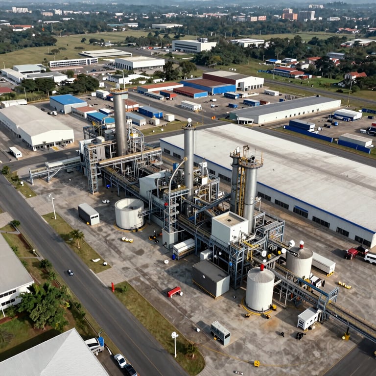 An aerial view of a large-scale manufacturing and logistics facility in South America, showing seamless connectivity and scale.