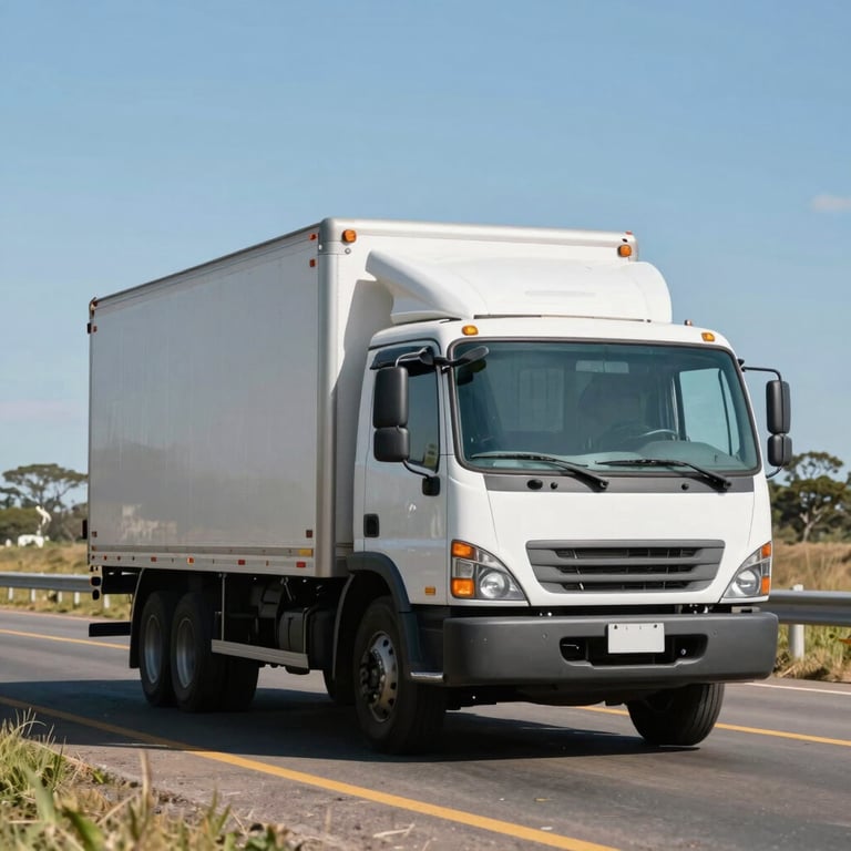 A modern delivery truck driving on a paved highway through a South American industrial region, clear blue sky background.