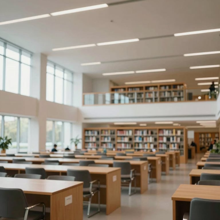 An architectural shot of a modern university library interior, spacious and filled with natural light.