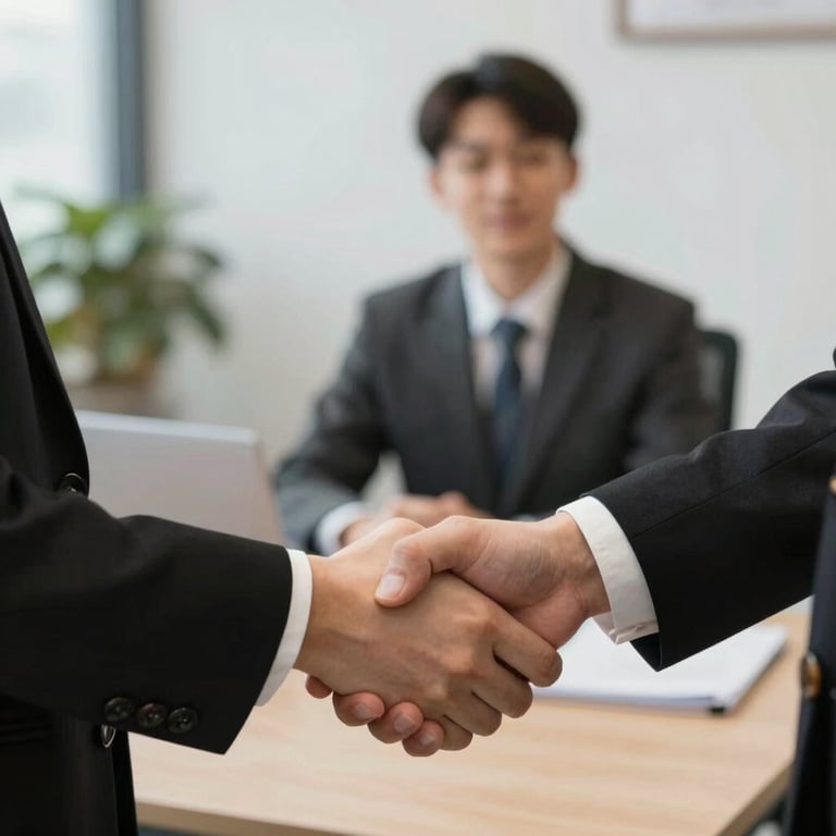 A close-up of a professional handshake between a student and an academic advisor in a modern office, incorporating black and gold accents.
