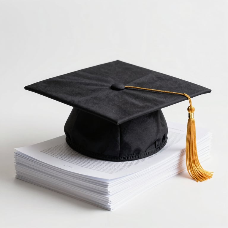 A graduation cap with a gold tassel resting on a stack of academic research papers, clean white background #EFEFEF.