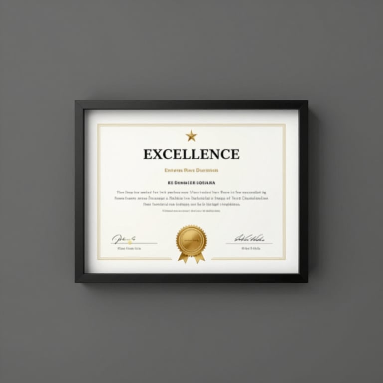 A framed certificate with a gold seal hanging on a dark grey wall #4A4A4A, symbolizing excellence.