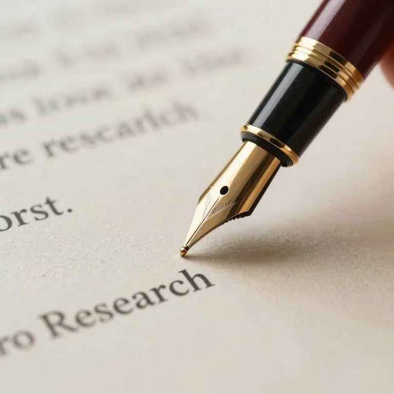 A high-quality fountain pen with gold nib writing on parchment paper, symbolizing rigorous research.