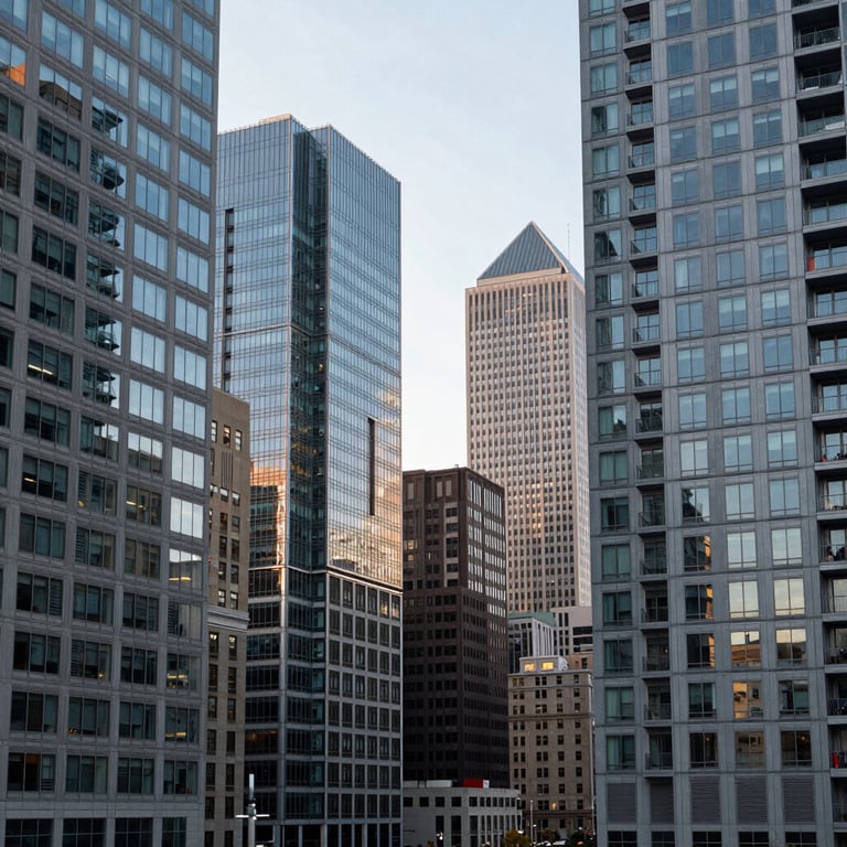 An outdoor shot of a modern Canadian urban skyline with a focus on glass and steel architecture representing stability.
