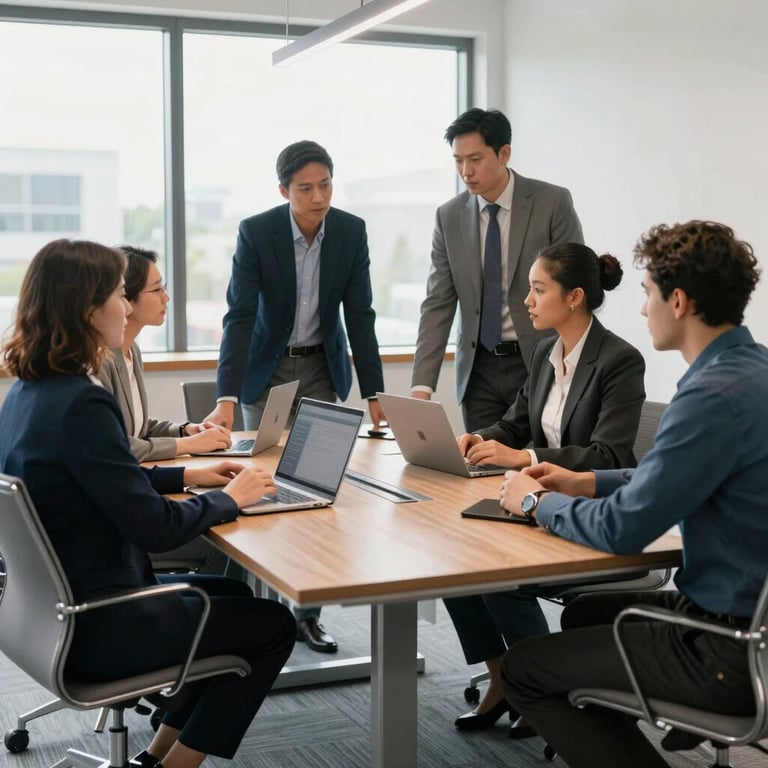 A diverse professional team collaborating around a table in a bright Canadian boardroom, natural light, steel blue accents.