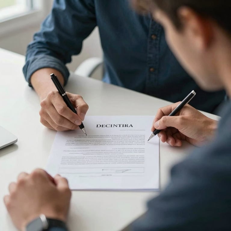 A person confidently signing a document in a brightly lit room, conveying a sense of relief and forward progress.
