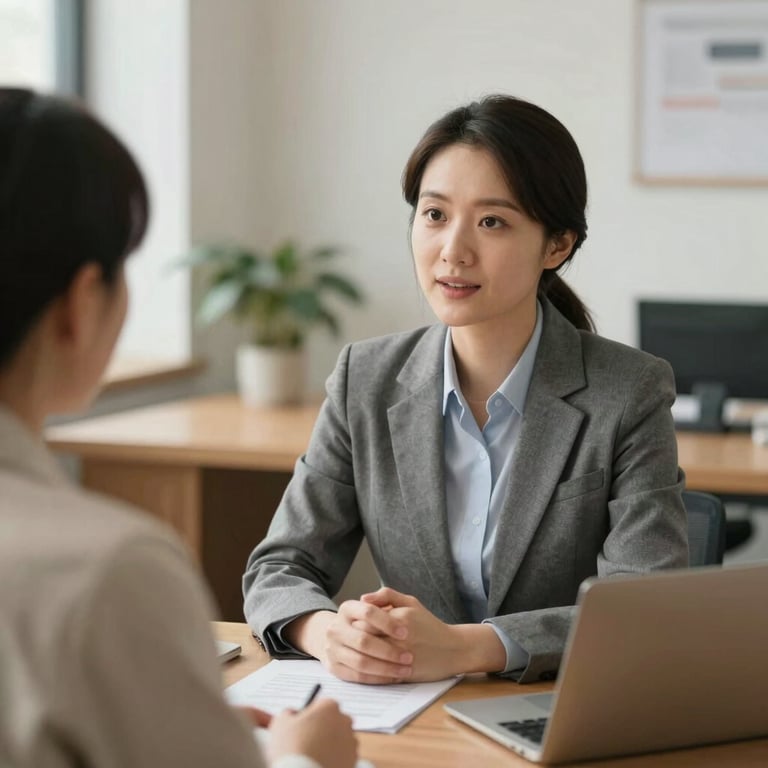 A medium shot of a reassuring financial advisor talking to a client in a comfortable, modern office setting, soft empathetic lighting.