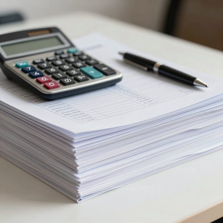 A stack of organized financial documents on a clean desk next to a modern calculator and a pen, soft focus background.