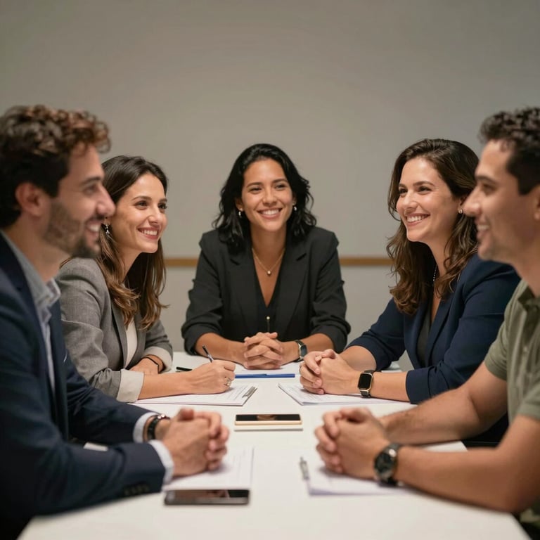 A team of Brazilian professionals smiling during a collaborative meeting around a white table.