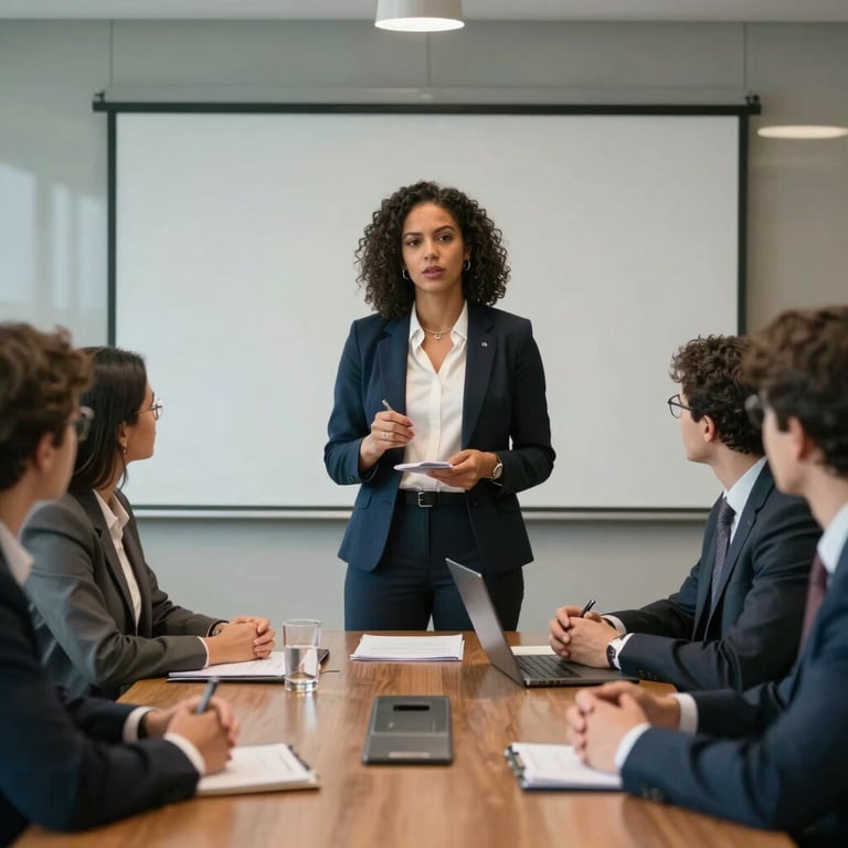 A focused Brazilian woman presenting a strategy to a team in a contemporary boardroom.