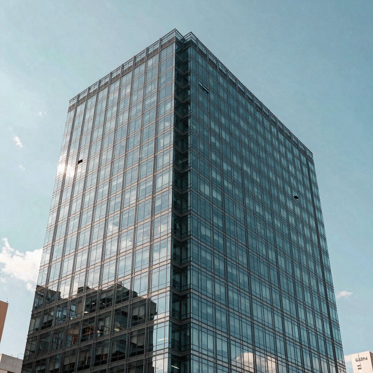 Architectural shot of a modern glass business center in Brazil during a clear day with light blue sky.