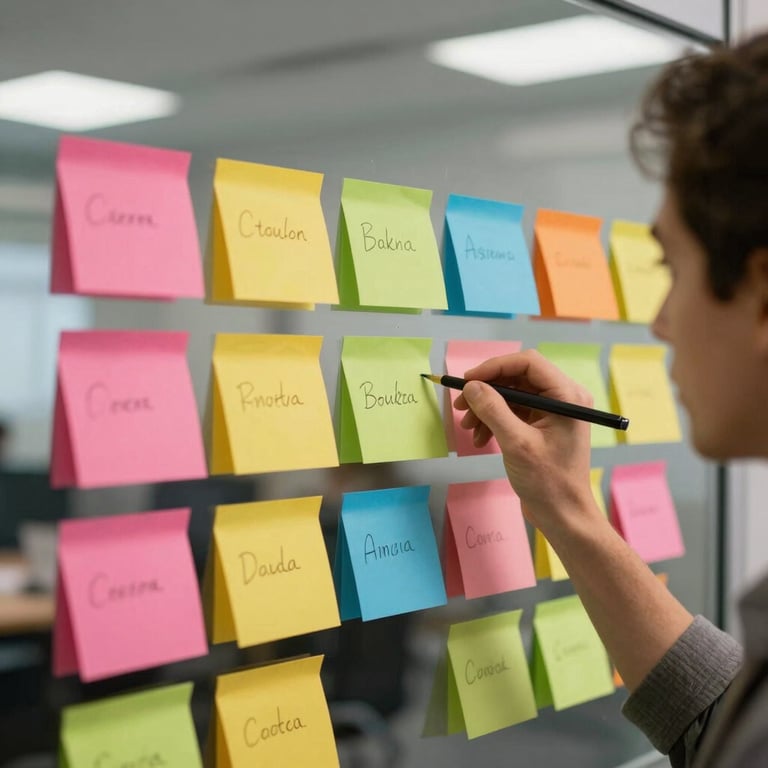 A close-up of a brainstorming session with colorful notes on a glass wall in a South American agency.