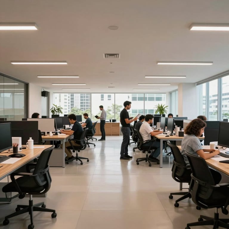 Wide angle of a bright, modern open-plan office in São Paulo with professional South American workers.