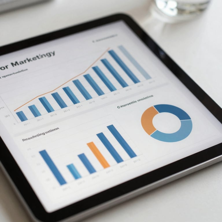 Detail shot of a tablet showing professional marketing analytics in a bright room.