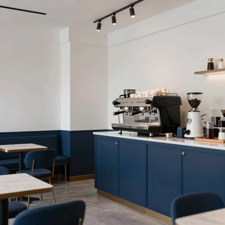 A minimalist, modern cafe interior in Istanbul with navy blue furniture and white walls, high-end espresso machine on the counter.