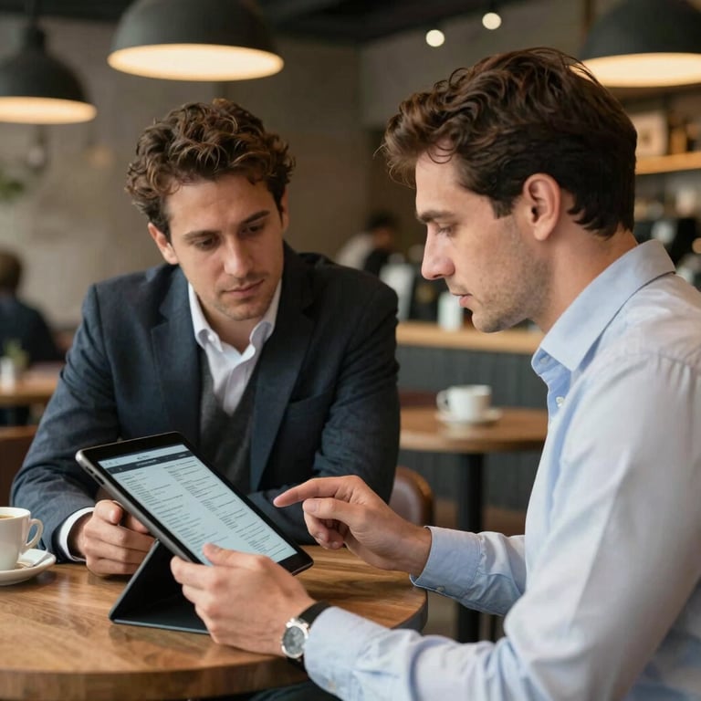 A consultant and a Turkish business owner reviewing a digital menu on a tablet inside a chic, modern coffee shop.