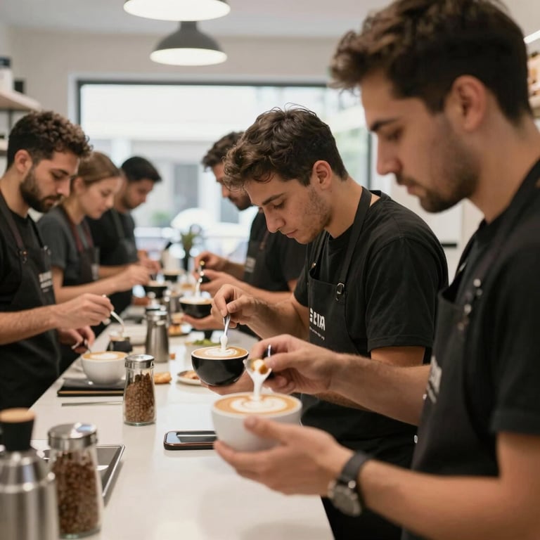 A group of baristas in a Turkish training center learning latte art from a consultant, bright indoor lighting, professional atmosphere.