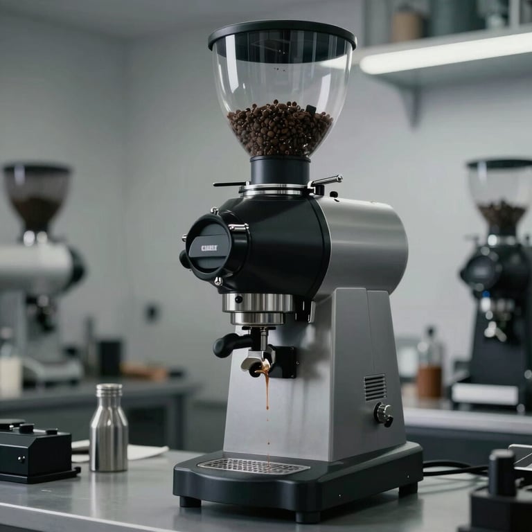 Detailed shot of high-end coffee grinding equipment in a clean, professional Turkish coffee lab, minimalist aesthetic.