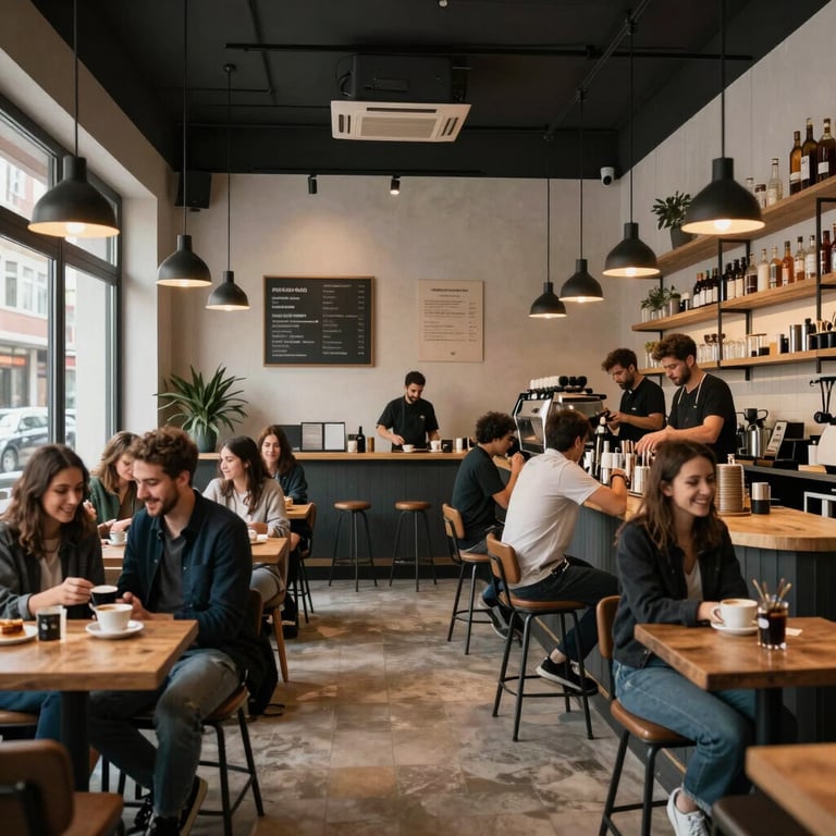A wide shot of a busy but perfectly organized modern coffee shop in an Anatolian city, happy customers, professional bar layout.