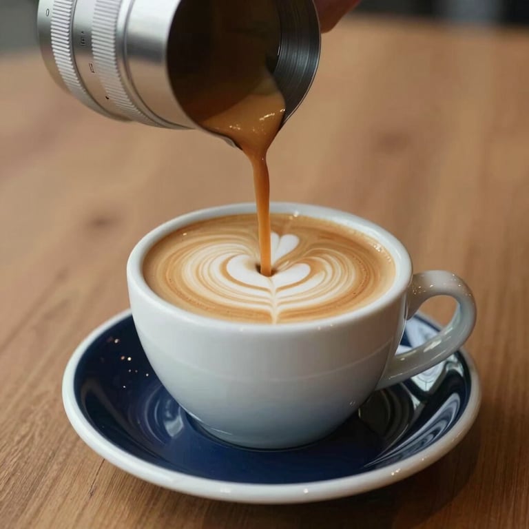 Close-up of a perfectly poured flat white in a white ceramic cup on a navy blue saucer, minimalist wood table background.