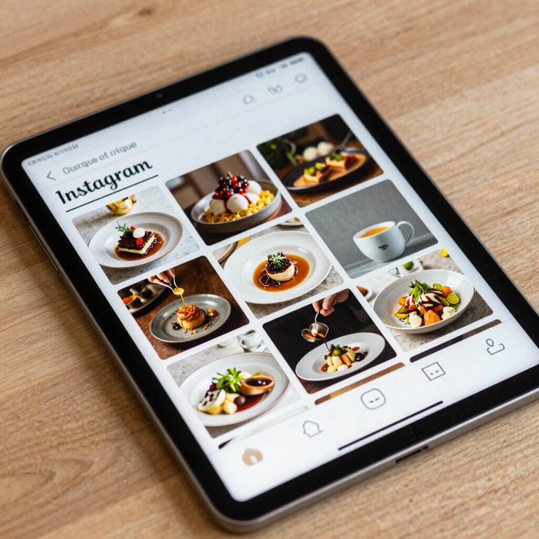 Close-up of a digital tablet showing a curated Instagram feed for a boutique restaurant, set against a light wood background.