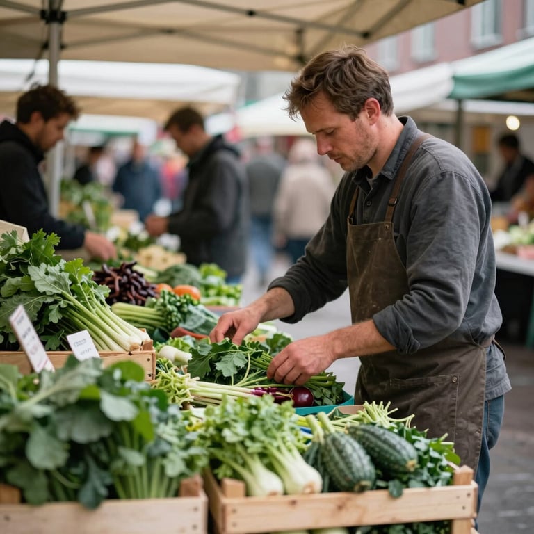 A local farmer at a bustling outdoor food market in Oslo, surrounded by fresh greens and wooden crates.
