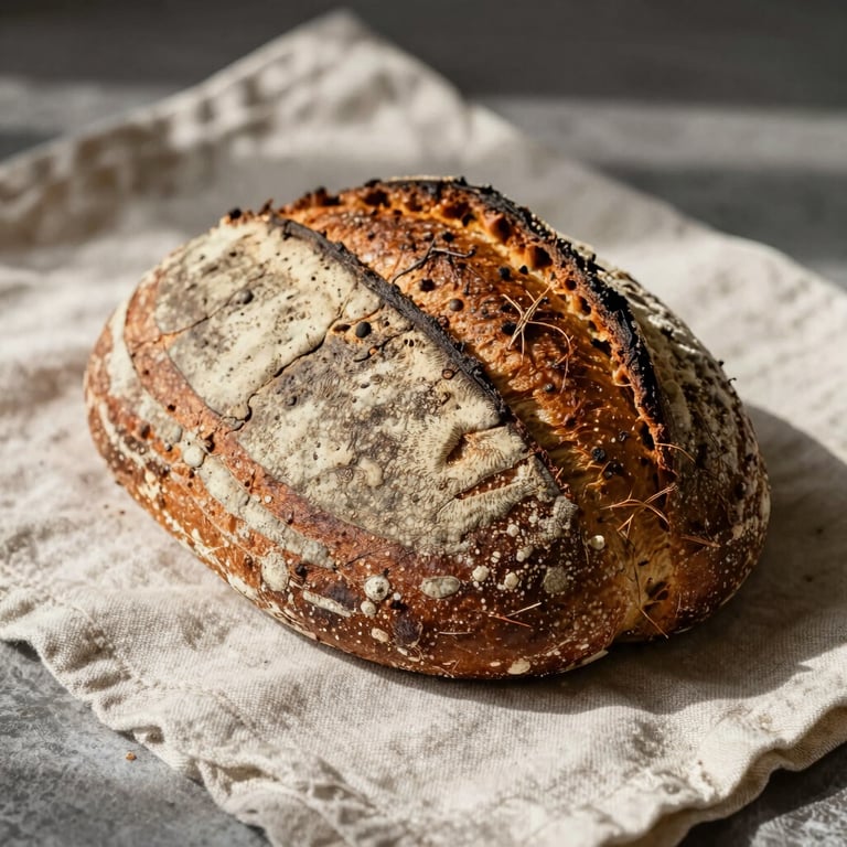 A close-up of a rustic artisan loaf of bread on a linen cloth in a sunlit Copenhagen bakery.