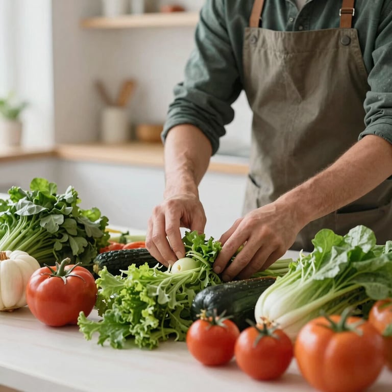 A social media manager hands arranging organic vegetables for a food shoot in a bright, modern Scandinavian studio.
