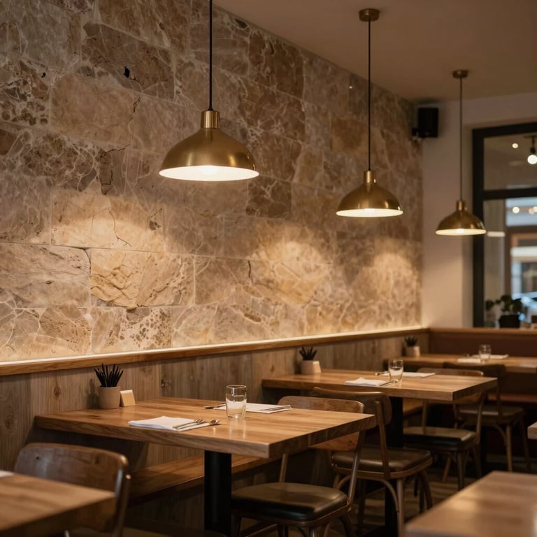 An atmospheric shot of a cozy Scandinavian bistro interior with warm pendant lights and Stone-colored walls.
