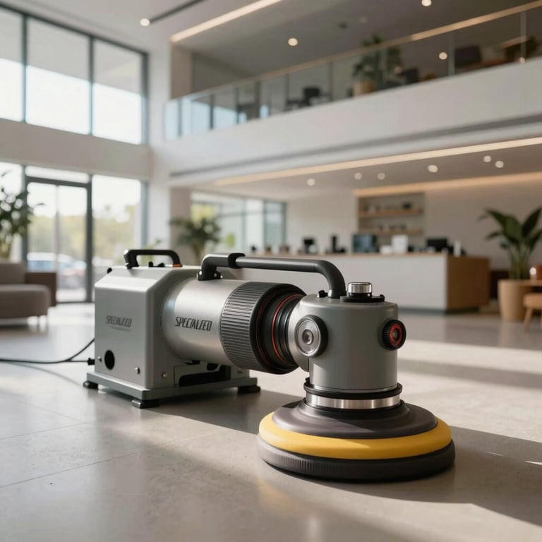 Specialized industrial floor buffing in a modern Portuguese lobby, wide angle, soft morning light, professional finish.