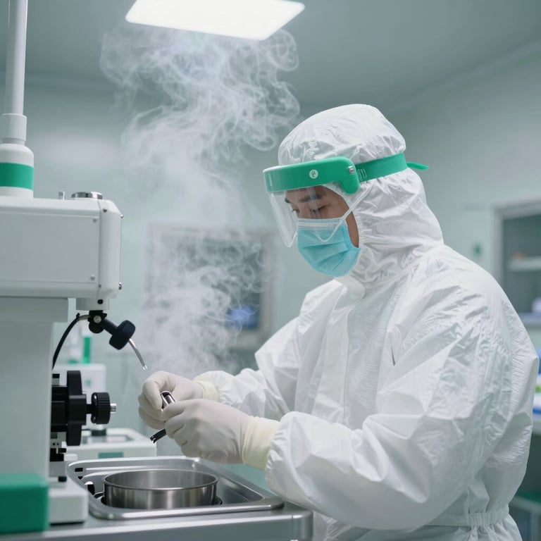 Sanitization process in a high-tech medical facility, mist white and light green accents, clean and reassuring atmosphere.