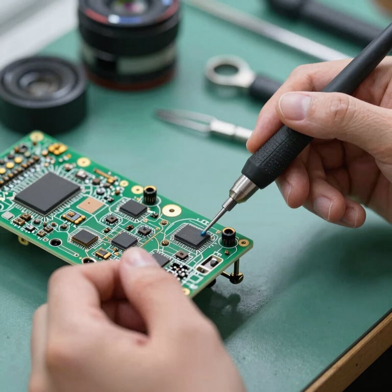 Detail of specialized tools used for electronic component cleaning in a workshop, precise lighting, professional hands.