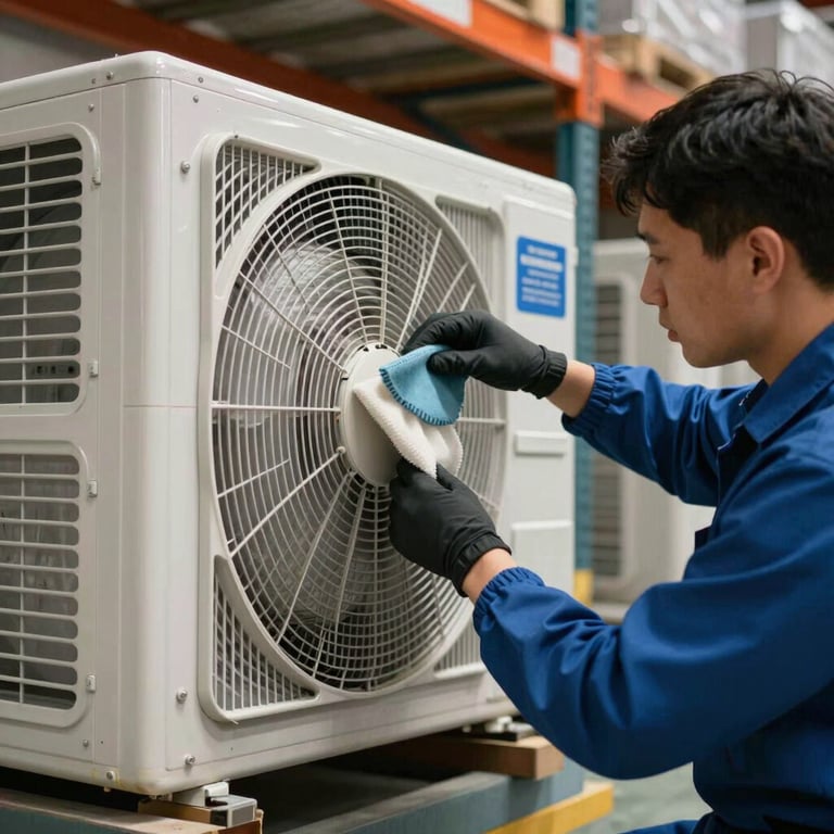 Technical cleaning of a commercial HVAC system in a Portuguese warehouse, emphasizing meticulous attention to detail.