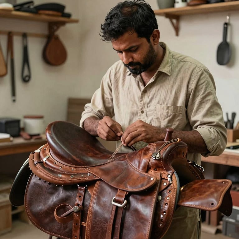 A skilled South Asian / Indian craftsman carefully stitching a high-quality brown leather saddle in a well-lit workshop, warm earthy tones, clean composition.