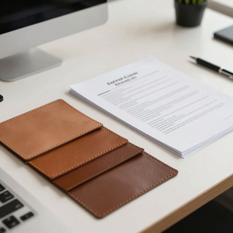 A modern South Asian / Indian office setting with a desk showing leather swatches and export documents, conveying trust and professionalism, soft off-white and warm brown tones.