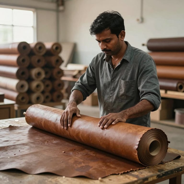 A South Asian / Indian worker organizing rolls of fine leather in a modern, clean warehouse, warm natural light, medium brown and dark slate grey palette.