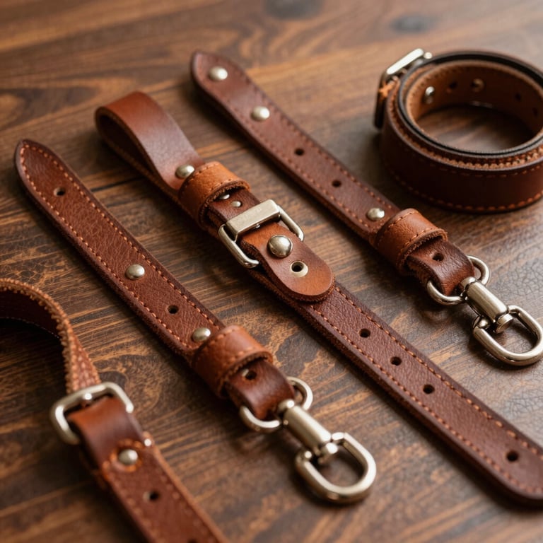 High-quality leather dog collars and leashes neatly arranged, showcasing excellent craftsmanship, warm earthy tones, soft lighting.