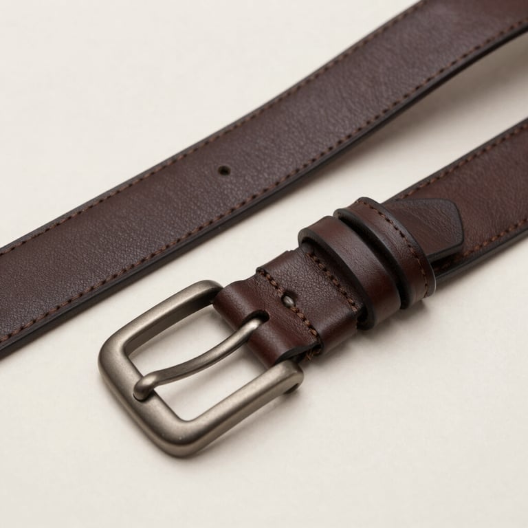 Close-up of premium dark brown leather belts featuring elegant metal buckles, displayed on a soft off-white surface, minimal and professional lighting.