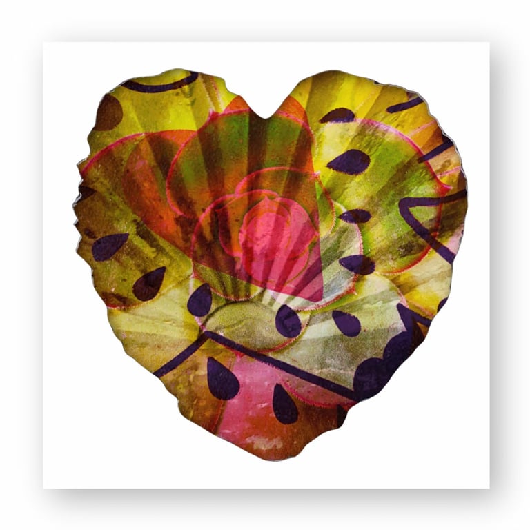 Heart-shaped abstract art piece with colorful floral patterns and geometric textures on a white background.