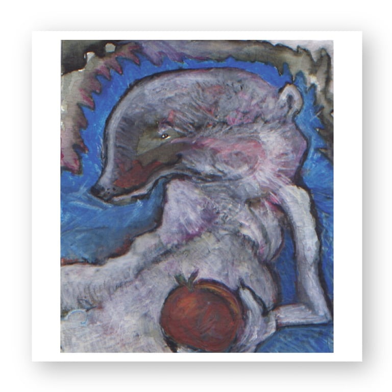 Expressionist oil painting of a wolf-like creature holding a red fruit against a blue background.