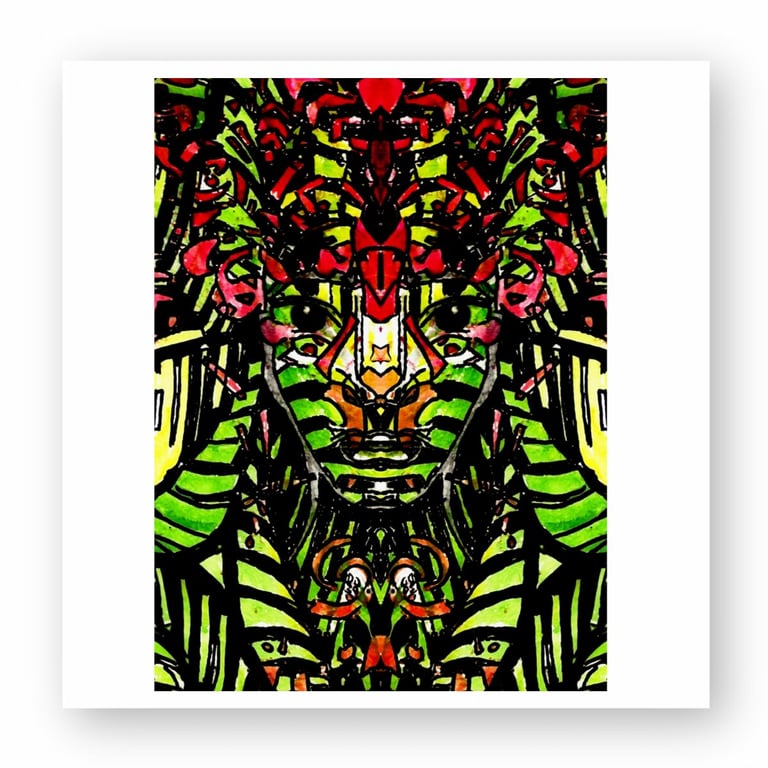 Vibrant abstract portrait art with green, red, and yellow patterns forming a symmetrical face.