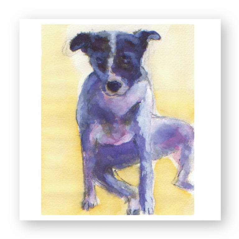 A blue and purple watercolor painting of a sitting dog on a yellow background.
